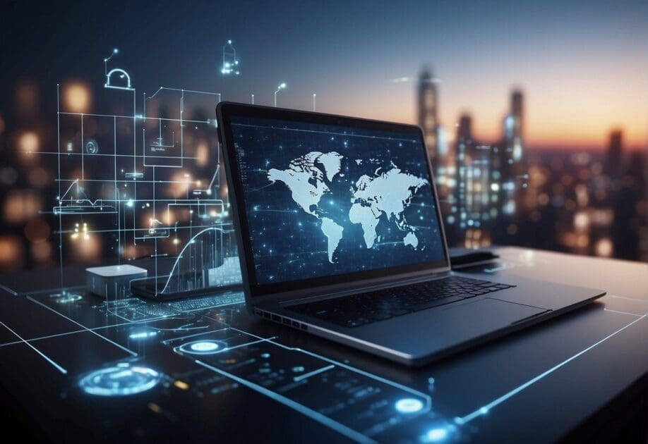 A digital landscape with interconnected devices, data streams, and fluctuating graphs symbolizing the impact of the pandemic on the digital realm