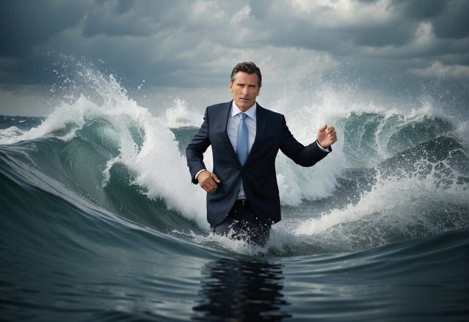 A digital leader navigating through turbulent waters, adapting and strategizing in the face of volatility