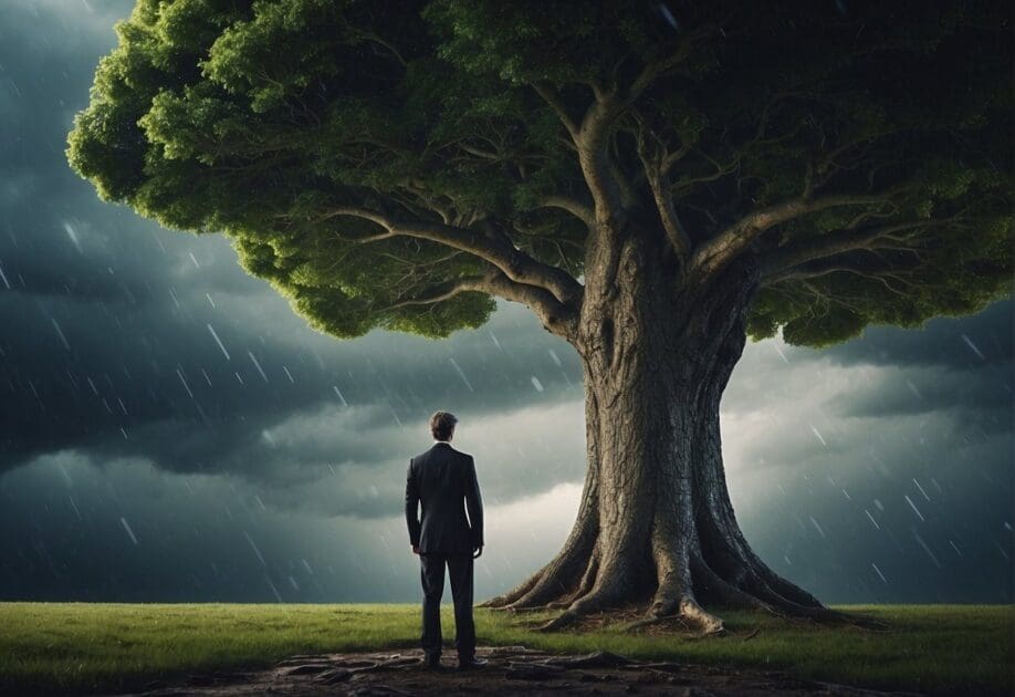 A leader stands strong amidst digital change, symbolized by a tree growing in a storm