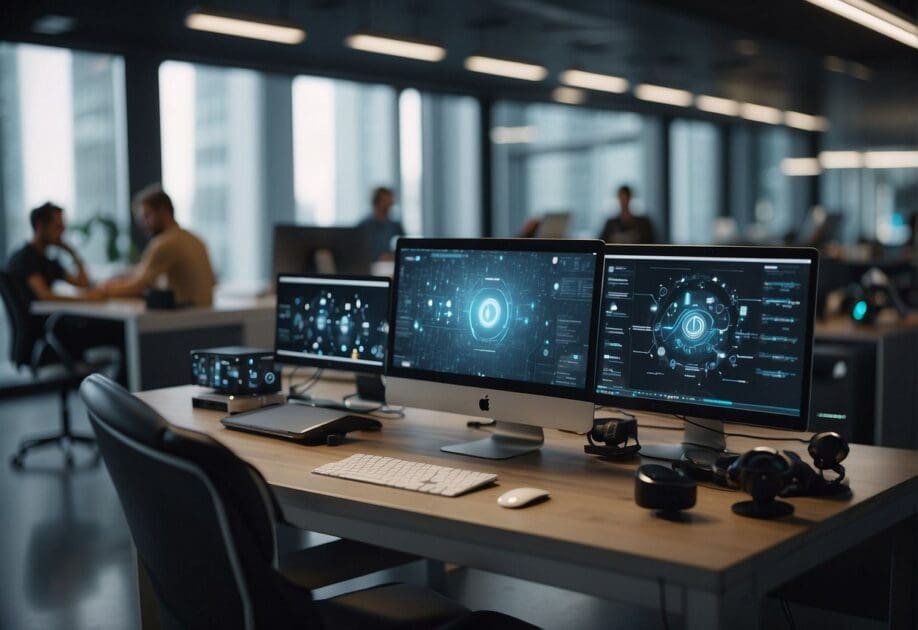 A group of diverse, futuristic-looking objects and technology arranged in a sleek, modern workspace, with AI algorithms visibly at work validating innovative ideas