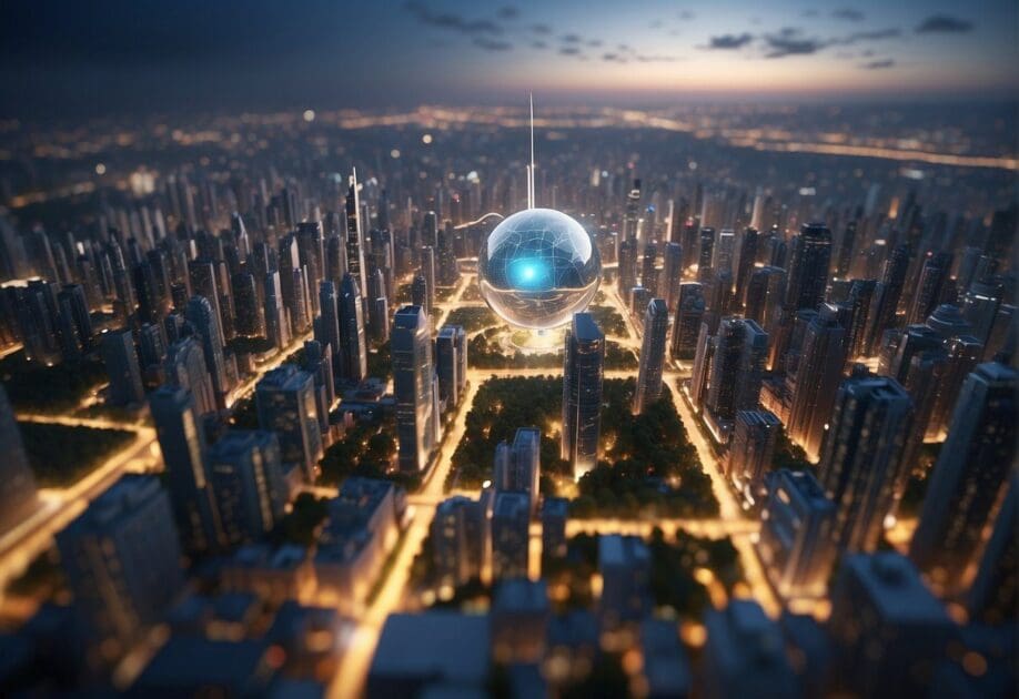 A futuristic cityscape with AI technology integrated into everyday life, showcasing innovation and human development on a large scale