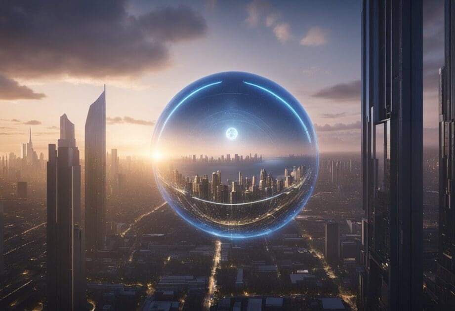 A glowing orb hovers above a futuristic cityscape, with beams of light radiating outward. The words "Frequently Asked Questions A Singularidade está próxima" are displayed in bold letters