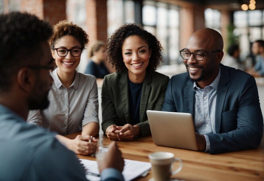 A group of diverse people engage in conversation, exchanging contact information and sharing ideas. The atmosphere is friendly and collaborative, with a focus on building meaningful connections