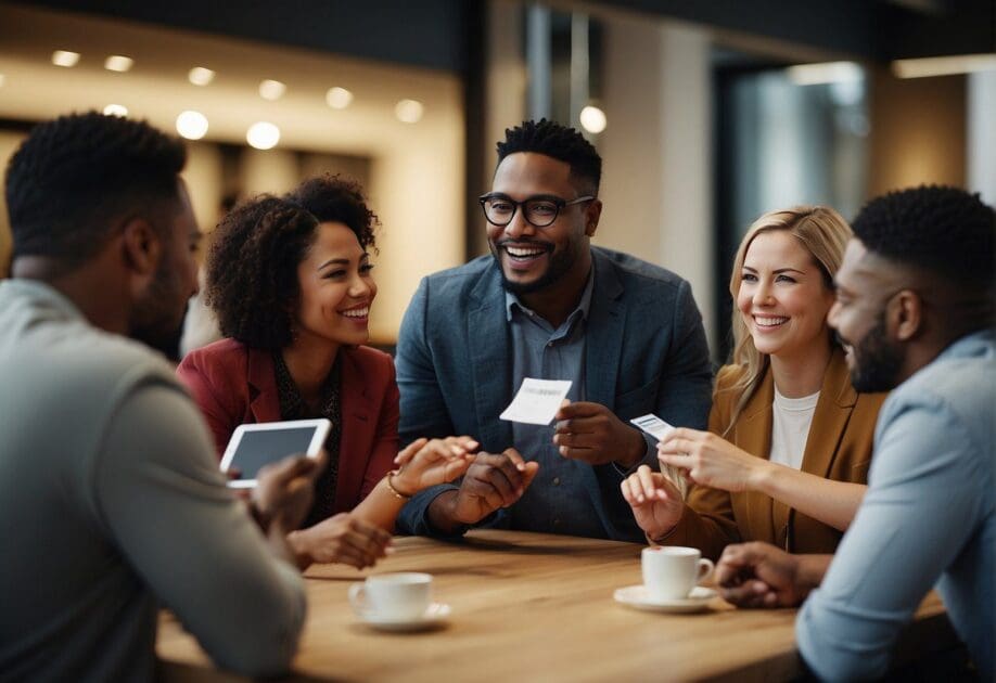 A group of diverse individuals engage in conversation, exchanging business cards and contact information. They appear engaged and enthusiastic about building valuable connections