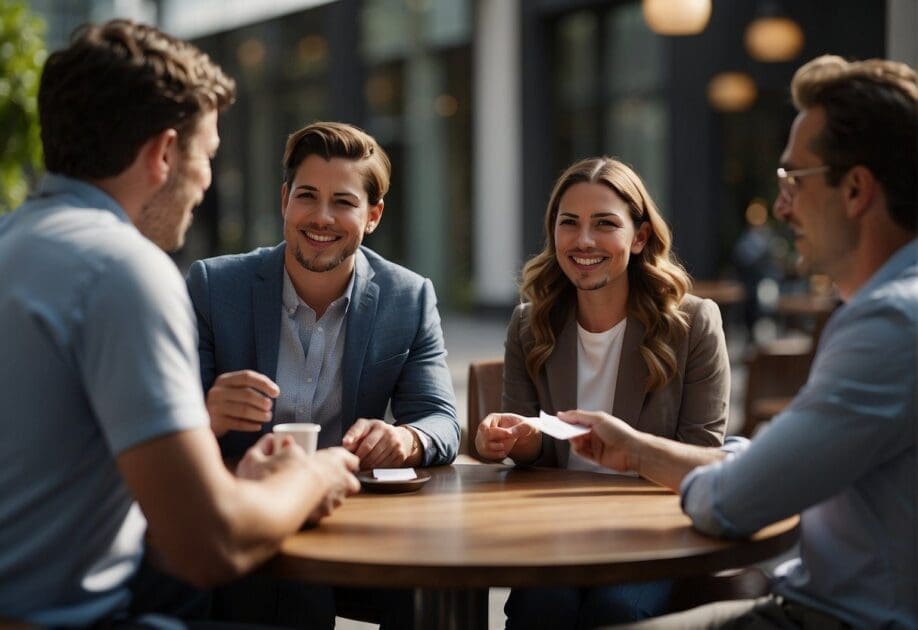 A group of professionals engaged in meaningful conversations, exchanging business cards, and connecting with genuine interest. The atmosphere is warm and inviting, with a sense of collaboration and support