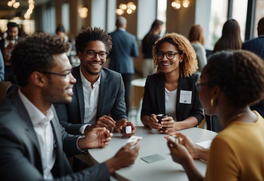 A group of diverse individuals engage in lively conversation, exchanging business cards and contact information at a networking event. Tables are adorned with informational materials and refreshments, creating a welcoming atmosphere for building valuable connections