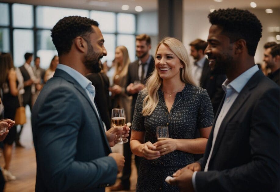 A group of people engage in conversation at a networking event, exchanging business cards and sharing ideas. The atmosphere is lively and productive, with everyone focused on building valuable connections