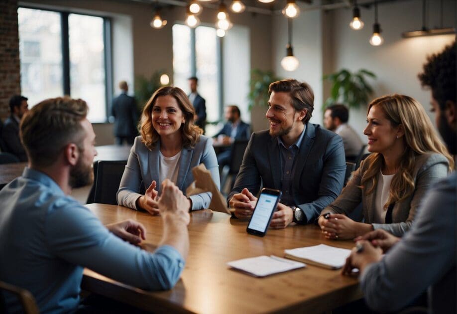 A group of people engaged in a lively discussion, brainstorming and exchanging ideas, with a focus on the power of asking "why" and how it can lead to innovative solutions