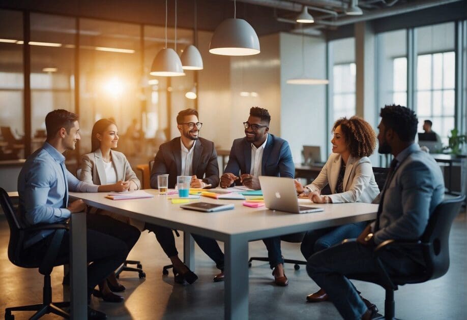 A diverse group of employees brainstorming in a modern office setting, with vibrant colors and dynamic energy, symbolizing the power of simple questions leading to innovation