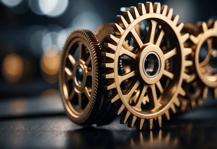 A group of gears and cogs interlocking and turning smoothly, symbolizing successful strategies and innovations sparked by simple questions