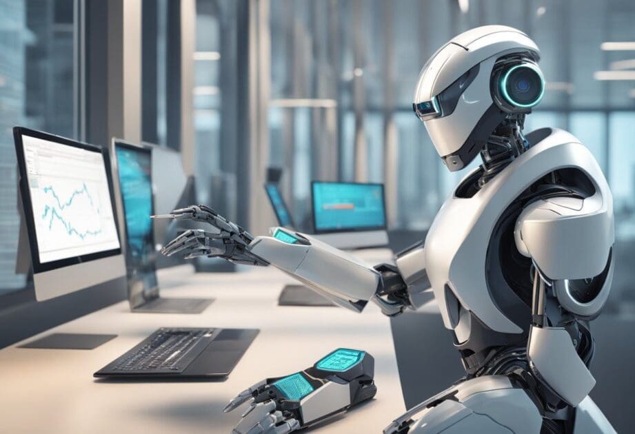 A futuristic robot using advanced technology to perform tasks in a sleek, modern environment