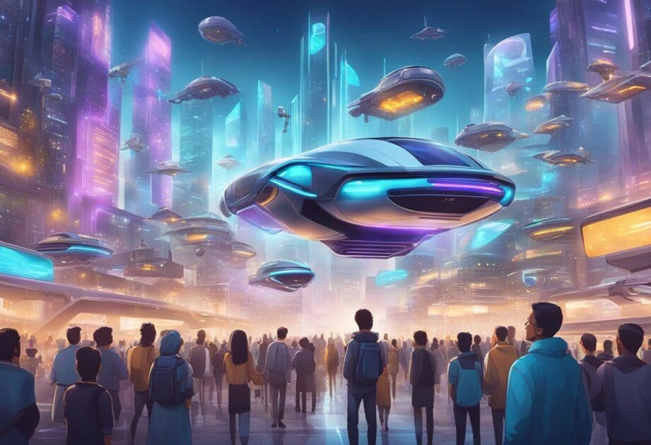 A futuristic cityscape with flying cars, holographic billboards, and advanced robotics. A crowd marvels at the technological wonders of the year 2020