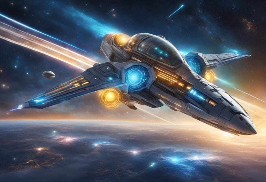 A spaceship soaring through a galaxy, surrounded by futuristic technology and advanced scientific equipment. Bright lights and sleek designs create a sense of wonder and innovation