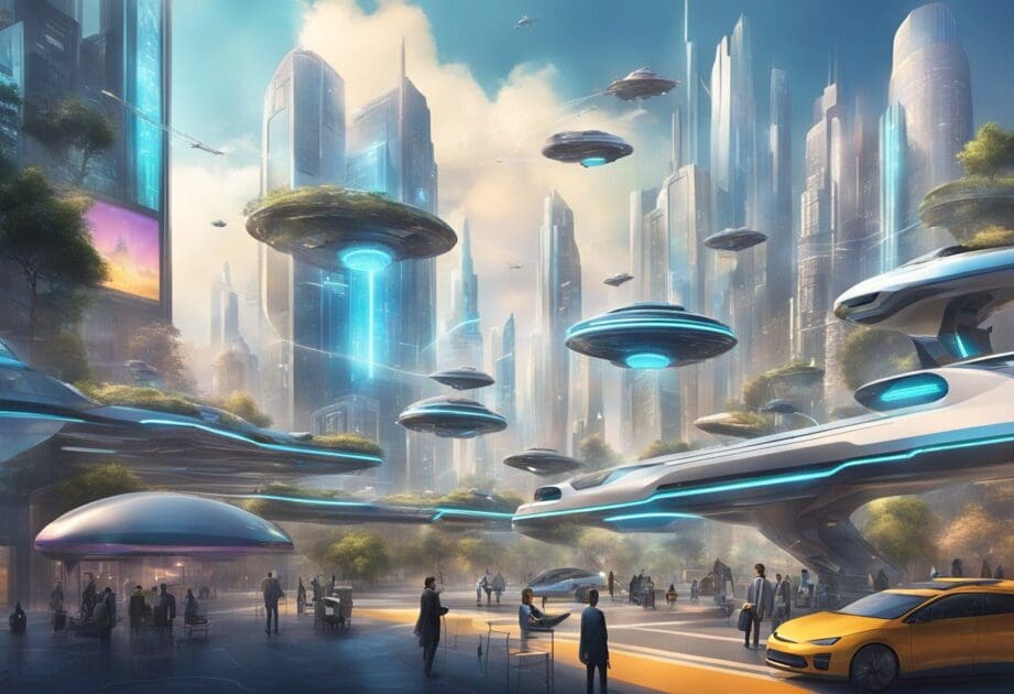 A futuristic cityscape with flying cars, holographic billboards, and people using advanced mobile devices. A sense of technological advancement and innovation permeates the scene