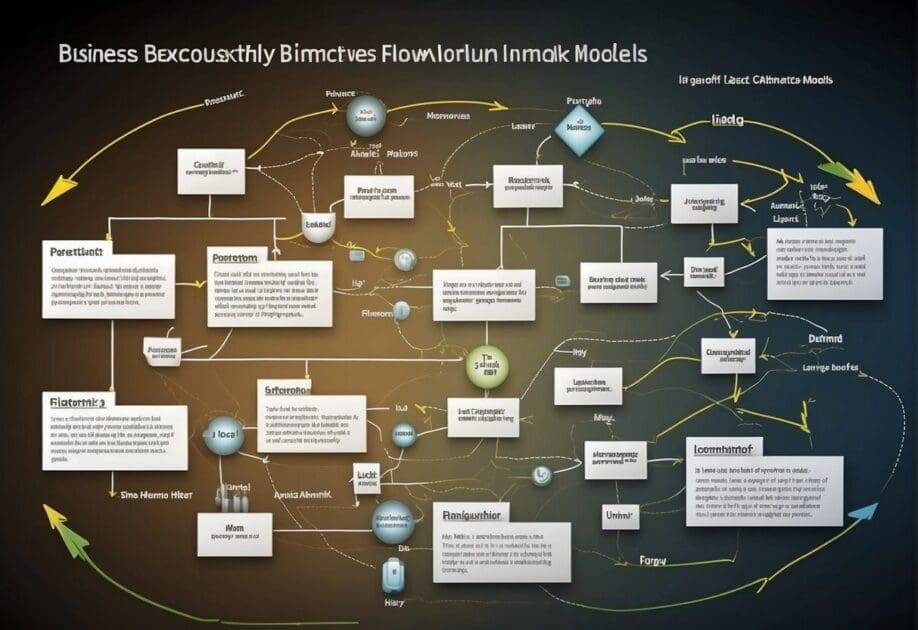 A dynamic flowchart showcasing 15 innovative business models, with arrows and labels, ready to be applied in a company