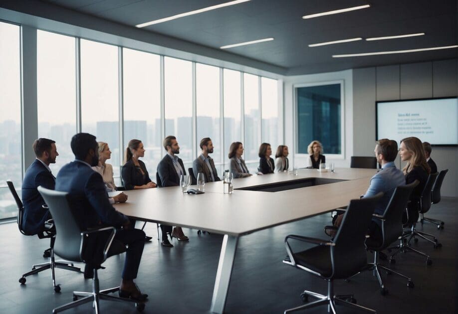 A group of people gathered in a modern conference room, listening to a speaker discussing innovation and the future of business. Visual aids and technology are present, creating a dynamic and engaging atmosphere