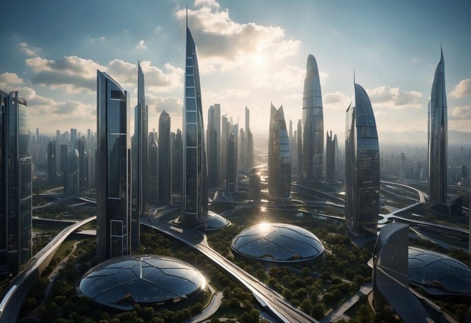 A futuristic cityscape with towering skyscrapers and advanced technology, showcasing the contrast between traditional and innovative business practices