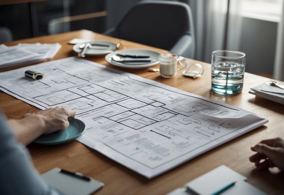 A table with a variety of mental model diagrams and real-life examples spread out, surrounded by a group of diverse objects symbolizing different decision-making strategies