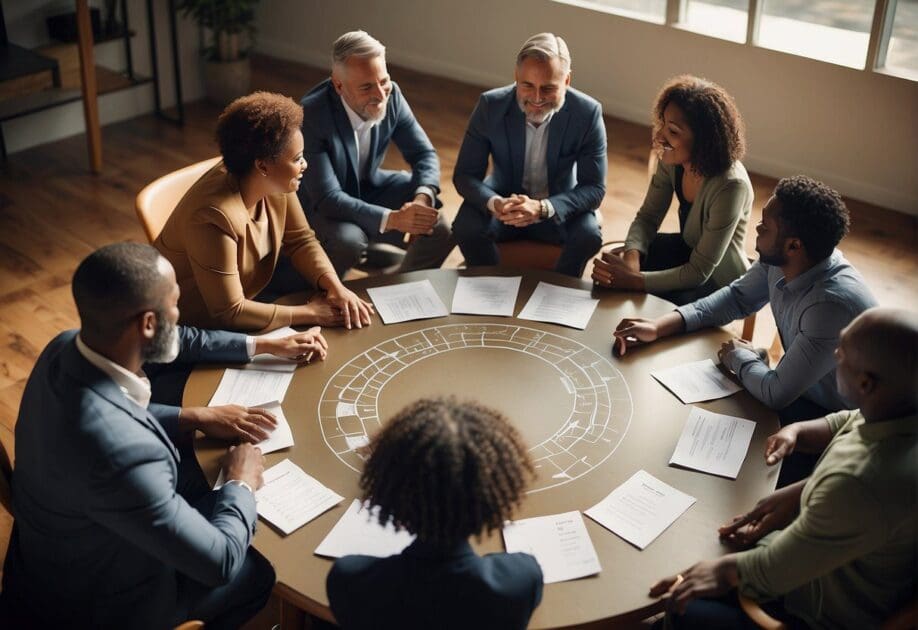 A group of diverse individuals gather in a circle, engaged in open dialogue and sharing ideas. A simple framework diagram is displayed prominently, symbolizing the concept of leadership and the culture of simplicity