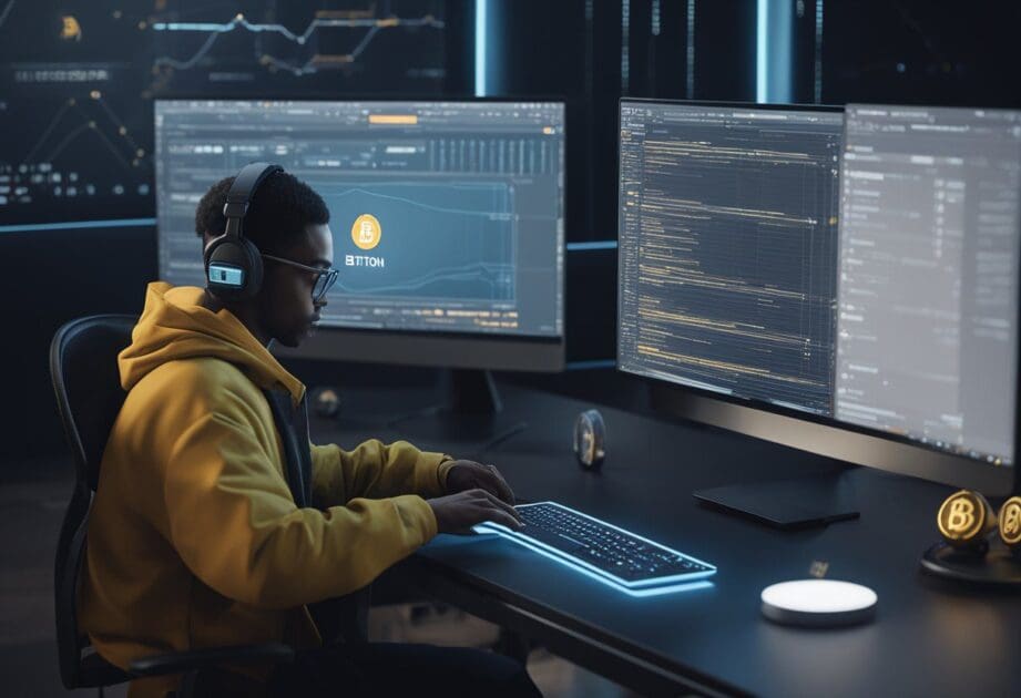 A person typing on a secure computer while purchasing bitcoin and other cryptocurrencies. Security measures such as two-factor authentication and encryption are visible on the computer screen