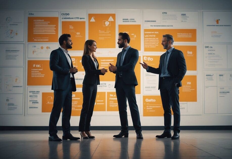 A group of three figures stand in a circle, each labeled with the initials CIO, CDO, and CTO. They appear to be in deep discussion, gesturing and pointing at diagrams and charts on a nearby wall