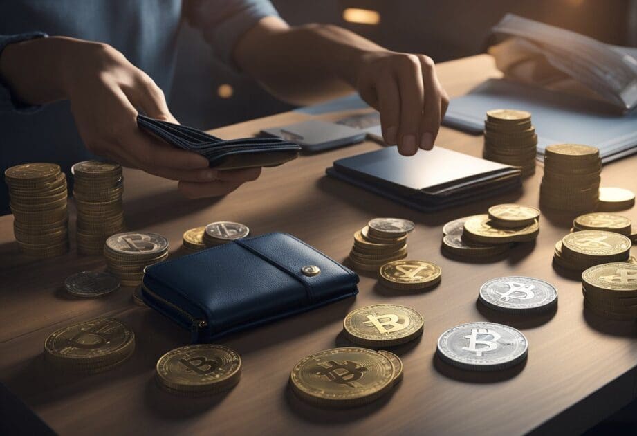 A person placing a physical wallet on a desk, surrounded by various cryptocurrencies symbols and digital charts