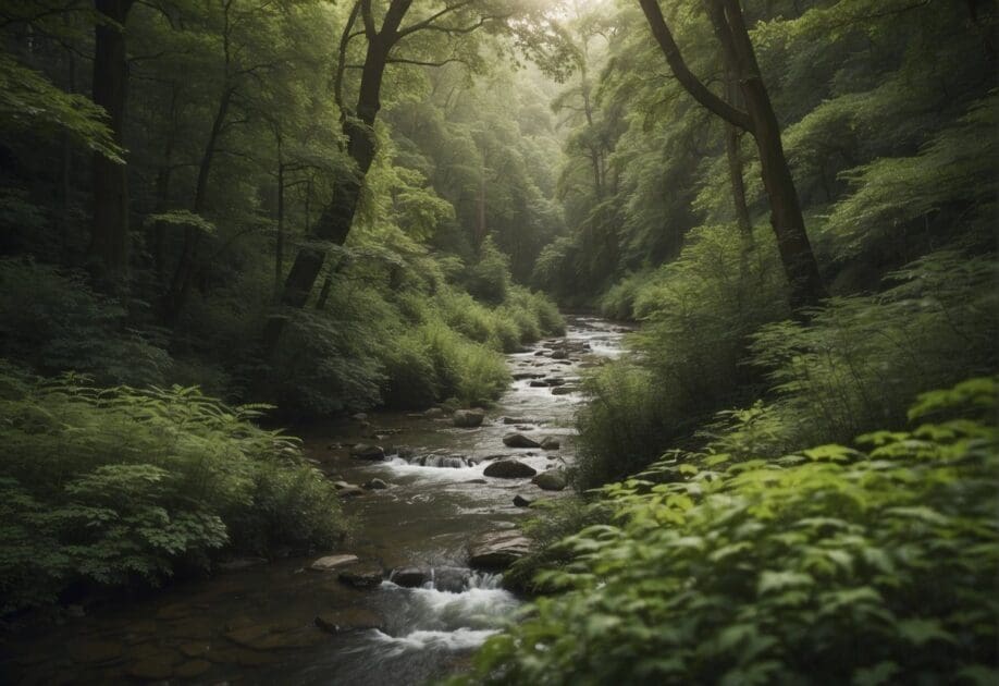 Lush green forest with a winding river, birds chirping, and a sense of tranquility. A sign reading "Youtube Shorts" with a red X over it