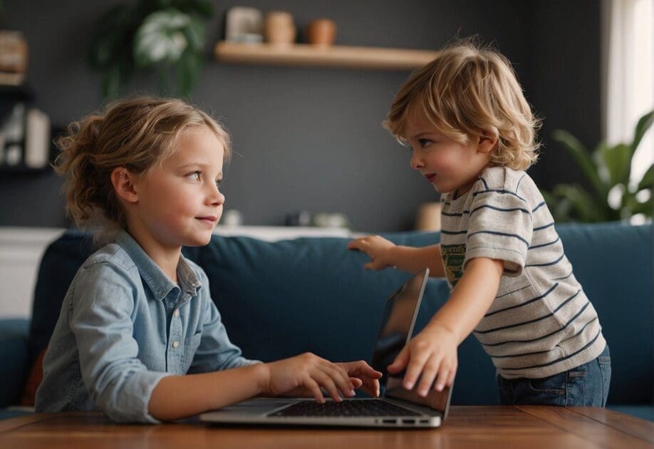 A child's hand reaches for a pair of shorts, while a worried parent looks on, shaking their head. The parent's laptop displays a YouTube video titled "Considerations on the Safety of Wearing Shorts."