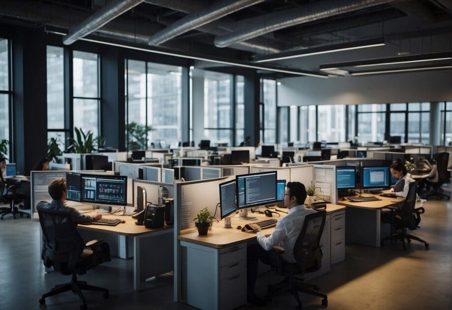 A bustling office space filled with advanced technology and AI systems assisting workers in their tasks, creating a seamless and efficient work environment