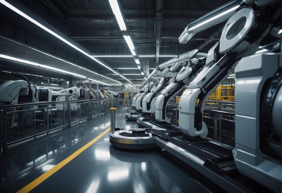 A futuristic factory floor with robotic arms and conveyor belts, controlled by advanced AI systems, efficiently reducing operational costs