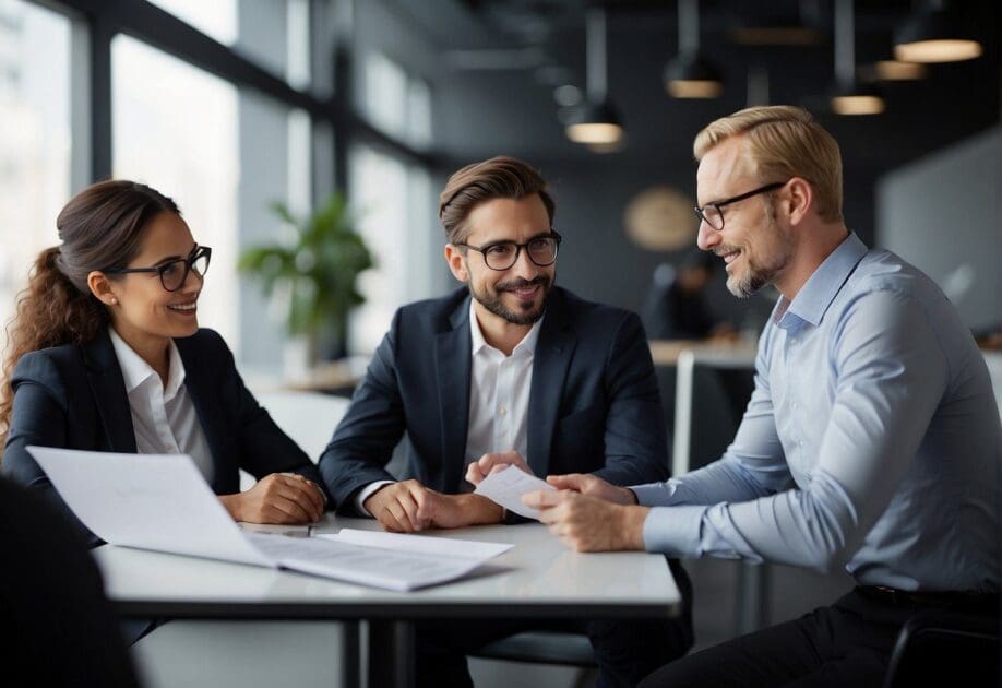 A group of three professionals, a CIO, a CDO, and a CTO, engaged in a discussion, each holding a document representing their respective roles and responsibilities