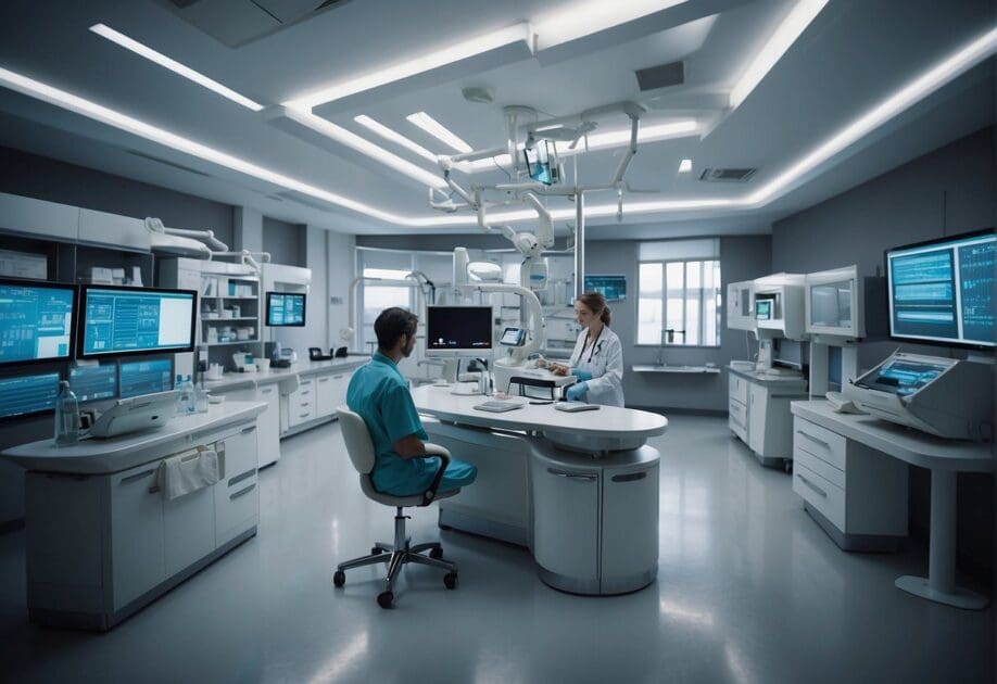 A bustling public health clinic with AI technology aiding in patient care and diagnostics. AI algorithms and futuristic medical equipment are prominent in the scene, showcasing the transformation of medicine through artificial intelligence