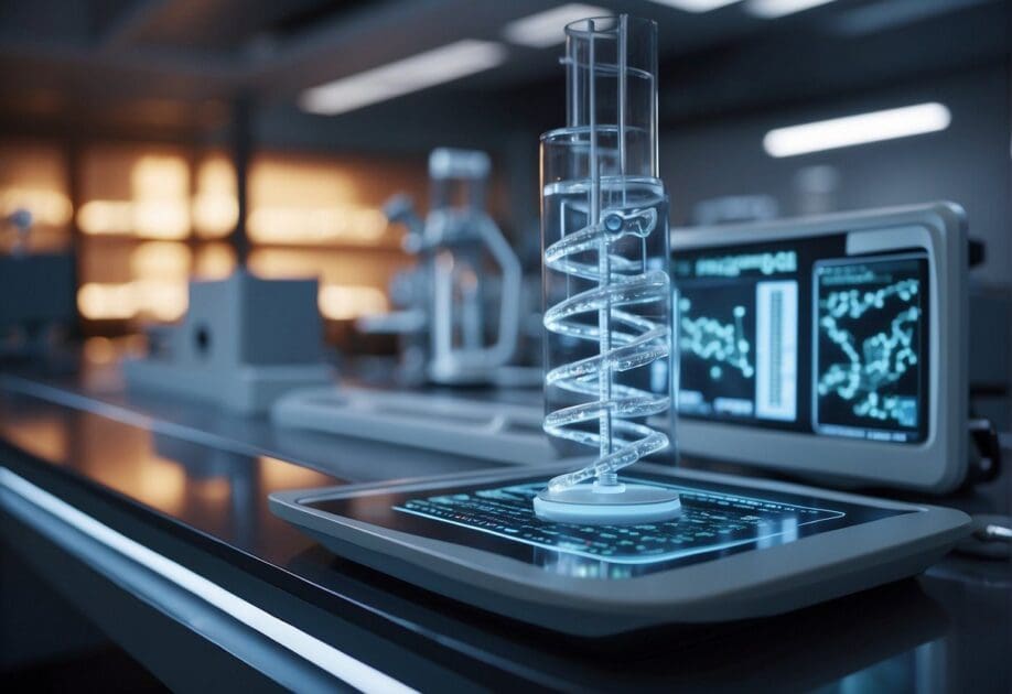 "Digital Biology Technologies" - A computer screen displays DNA sequences and molecular structures, while a robotic arm manipulates petri dishes in a futuristic laboratory setting