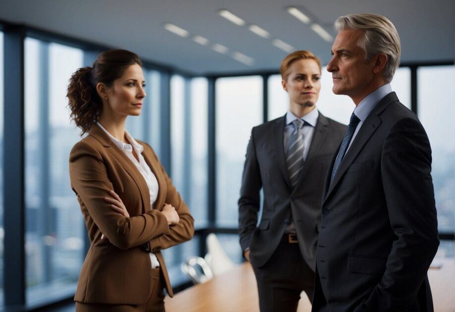 A group of three distinct figures stand in a boardroom, each with their own unique presence and posture, symbolizing the differences between a CIO, CDO, and CTO