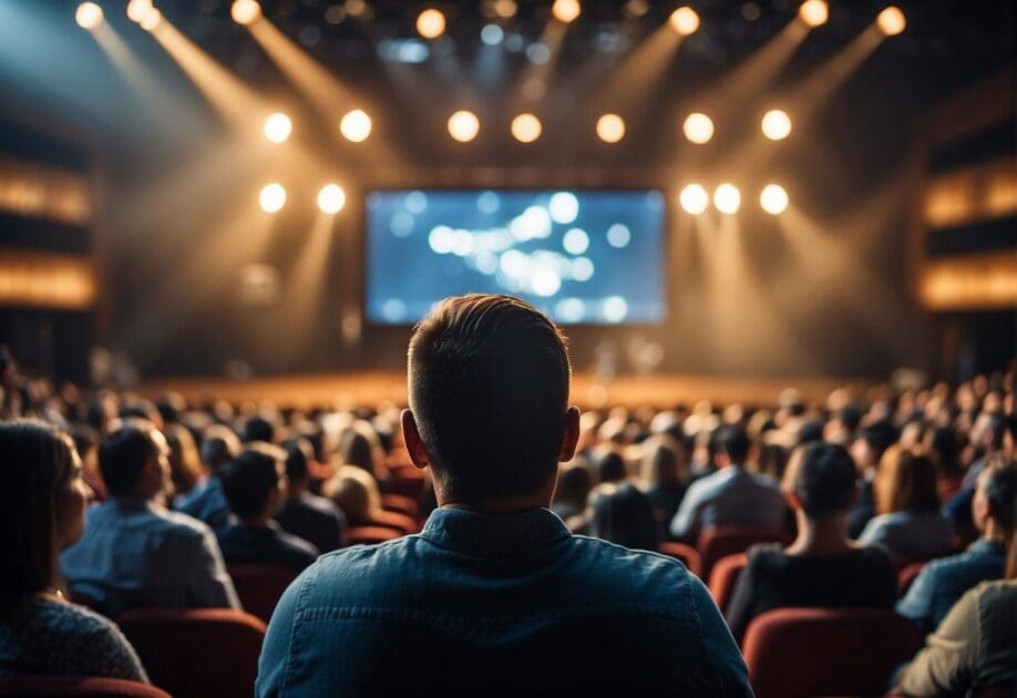 An audience eagerly listens to a dynamic speaker on a stage, surrounded by modern technology and innovative products