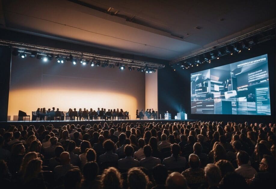 A crowded event hall with a large screen displaying "Marketing e Redes Sociais para Eventos" and a speaker presenting on "Inovação para Eventos"