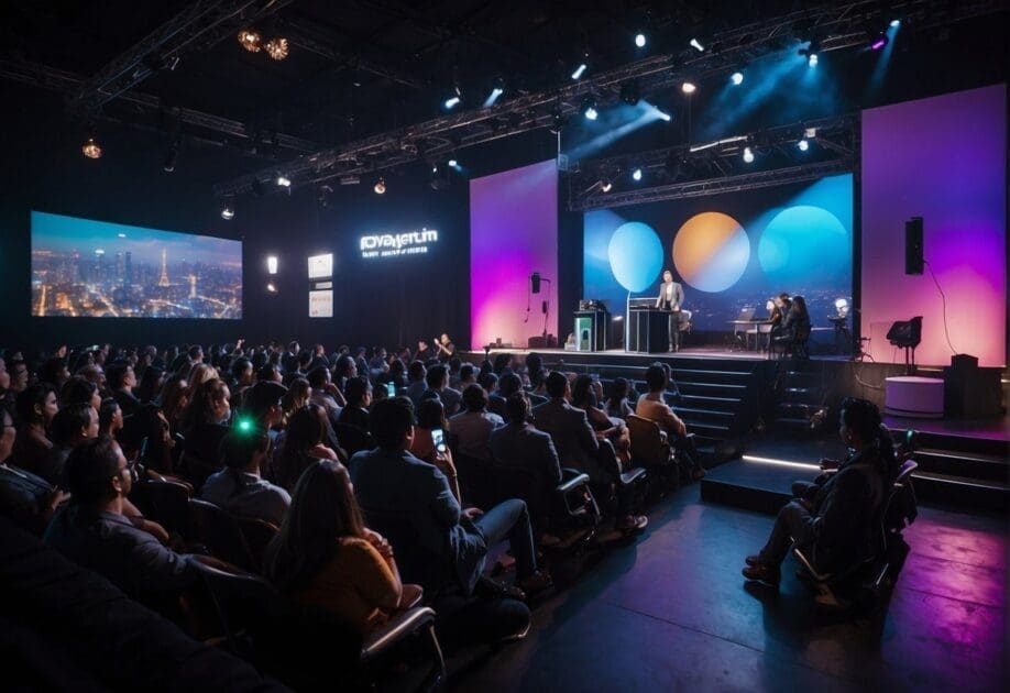 A vibrant and dynamic stage with colorful visuals and modern technology, showcasing innovation in Brazil