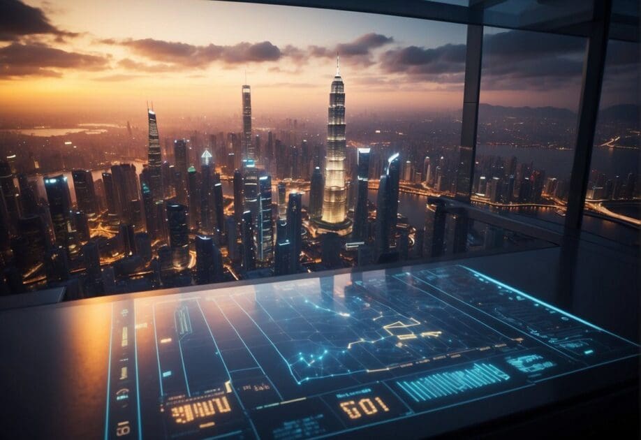 A futuristic city skyline with glowing investment charts and graphs, representing Jack Ma's innovative mind and the value of market perspective