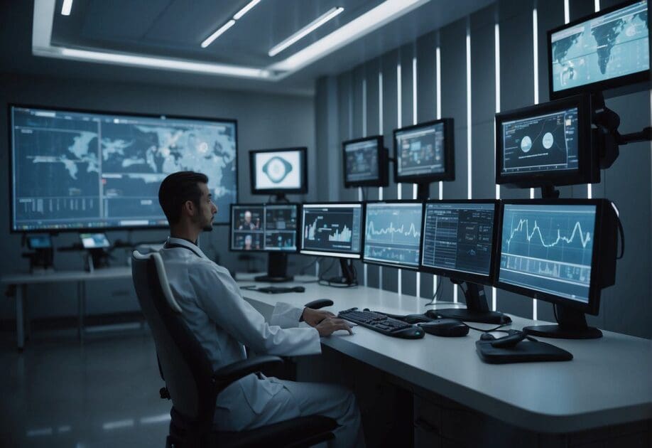 A futuristic medical facility with AI monitoring equipment and telemedicine technology. A patient's vital signs are displayed on screens, while an AI system analyzes data for potential life-saving interventions