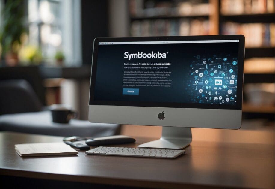 A Symbolab logo displayed on a computer screen with educational materials and books in the background