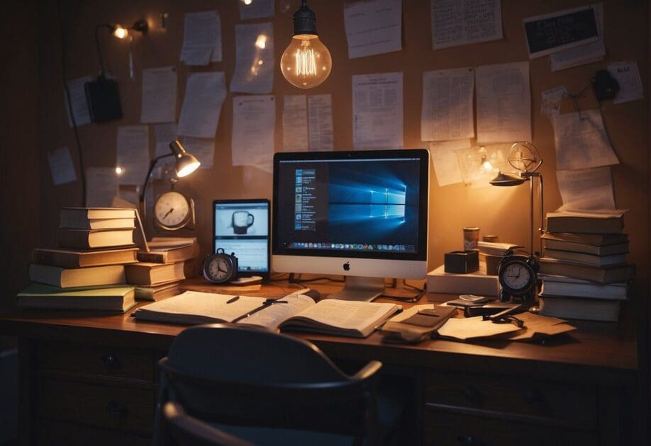 A cluttered desk with open books, a computer, and scattered notes. A lightbulb symbolizing innovation. A portrait of Bill Gates on the wall