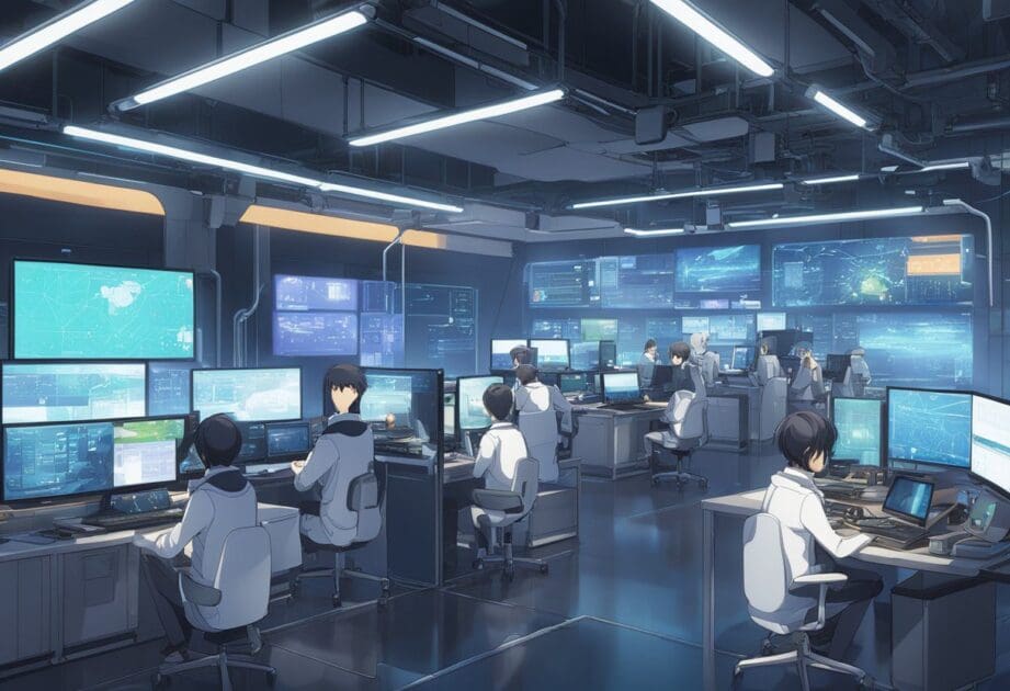 A futuristic tech lab with AI algorithms displayed on screens, while developers and marketers collaborate on multimedia content