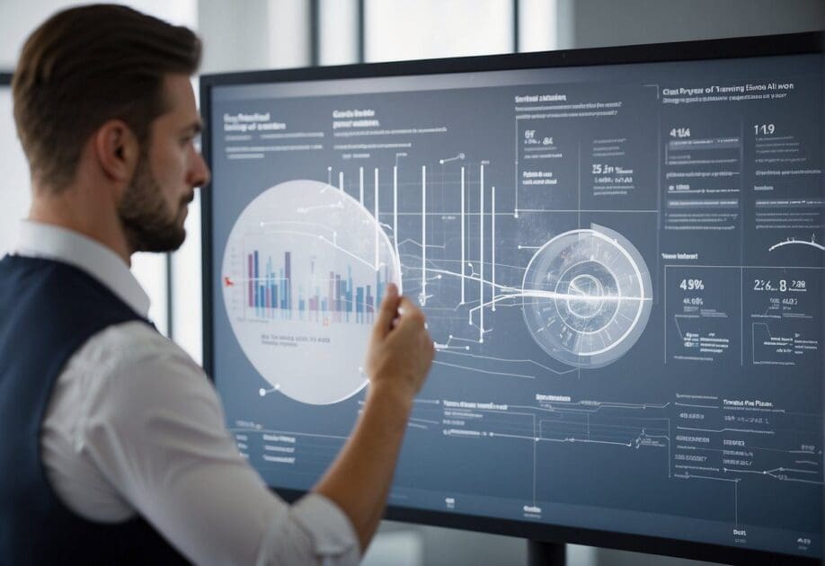 An AI training session with charts, graphs, and a strategic plan on a whiteboard