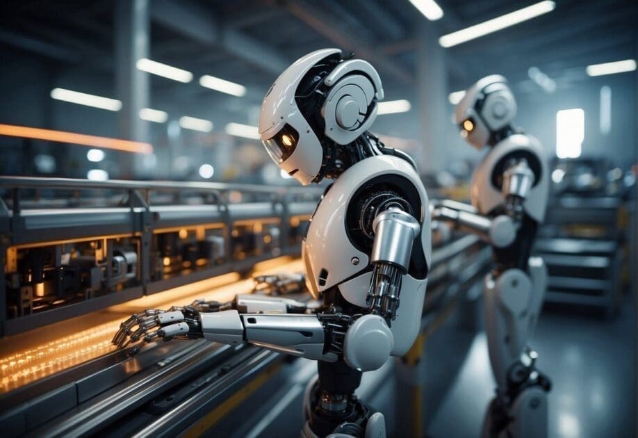 Robots working in a futuristic factory, with AI technology integrated into the production process. The scene is filled with advanced machinery and robotic arms, showcasing the revolution of AI in industries