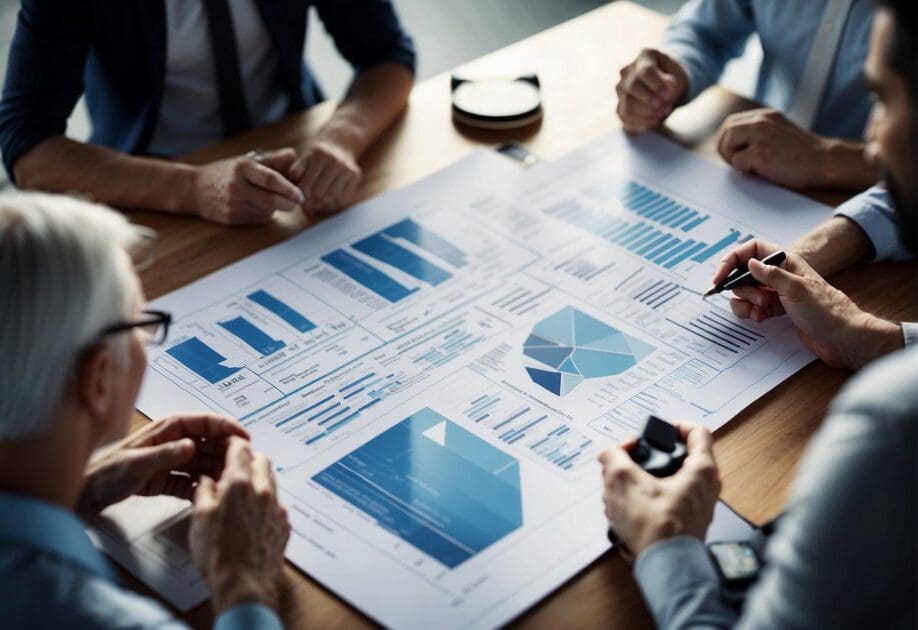 A group of people gathered around a table, discussing and planning the implementation of AI strategy. Charts and diagrams are spread out, indicating a thoughtful and strategic approach