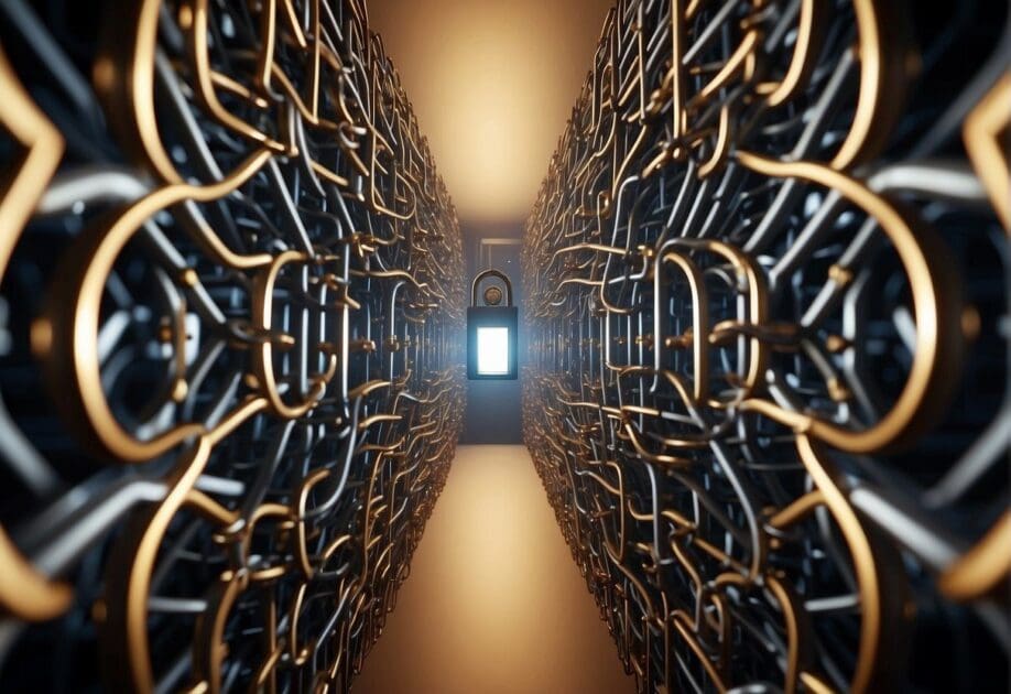 A maze of tangled lines symbolizing the complexity of AI privacy and security, with a lock representing the need for a strategic approach