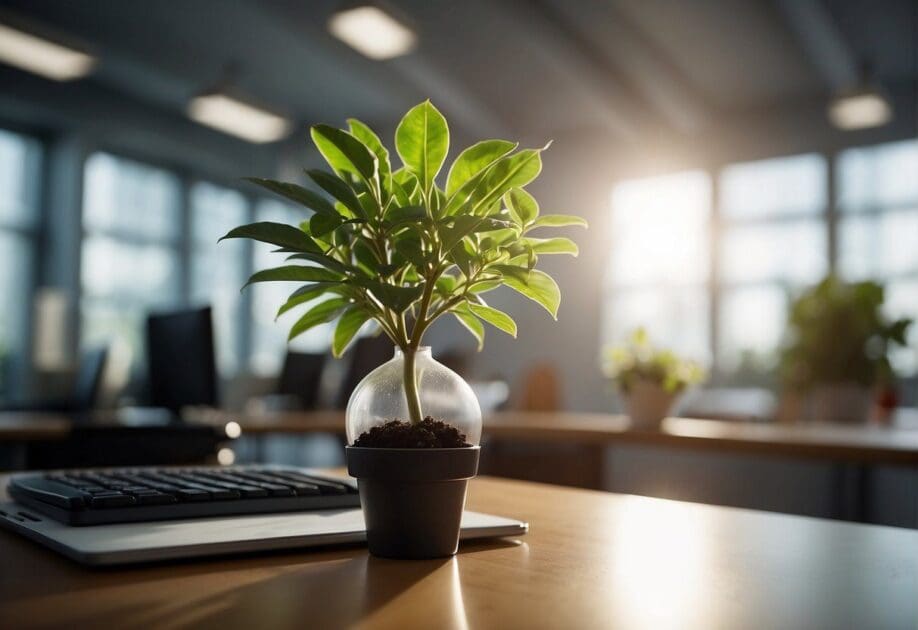 An office setting with a dying plant symbolizing the fate of 90% of medium-sized businesses. A lightbulb above represents the need for innovation to survive