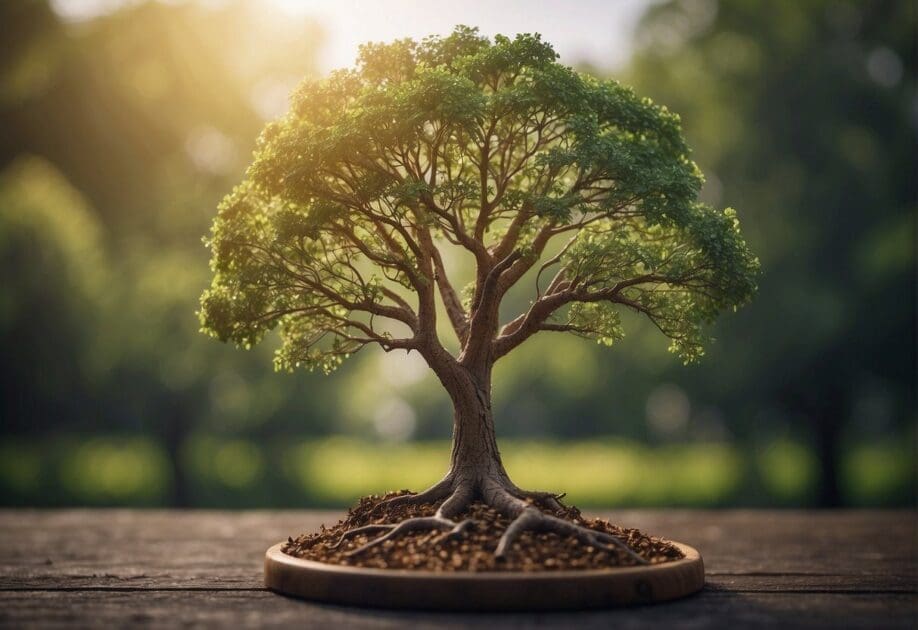 A digital transformation scene: A dying tree representing 90% of medium businesses, while a vibrant, growing tree symbolizes innovation and survival in the market