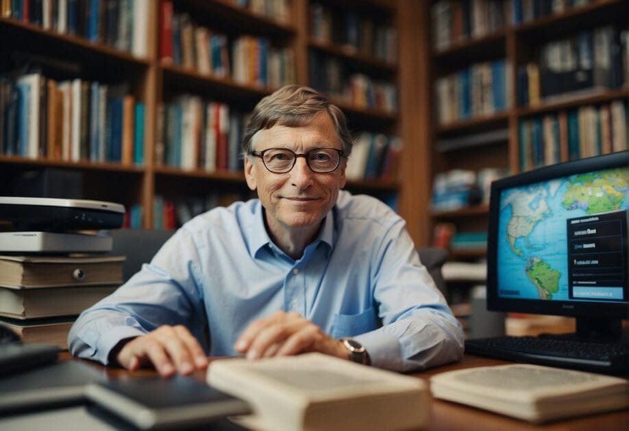 Bill Gates surrounded by technological gadgets and books, with a map of the world on the wall