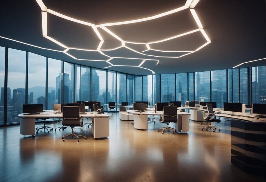 A bustling office with a futuristic marketing team brainstorming ideas to innovate and connect with customers, surrounded by cutting-edge technology and vibrant energy